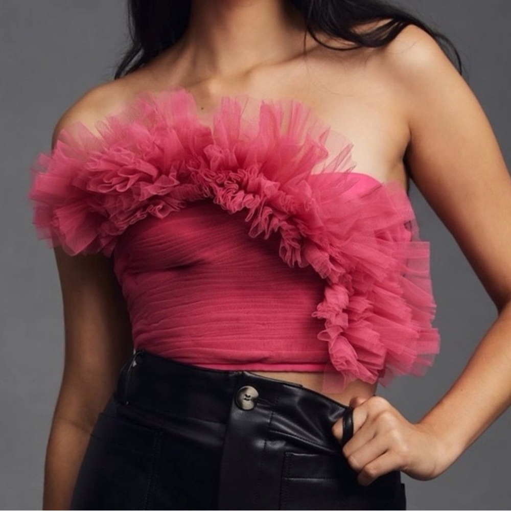Ranna Gill Pink Strapless Tulle Ruffle Crop Top NWT